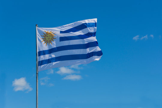 Bandera de Uruguay flameando en el cielo