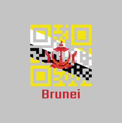 QR code set the color of Brunei flag, a centered red crest on yellow field cut by black and white diagonal stripes.