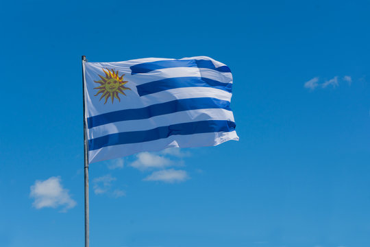Bandera de Uruguay flameando en el cielo celeste