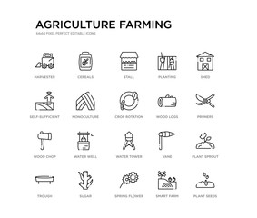 set of 20 line icons such as water tower, water well, wood chop, wood logs, crop rotation, monoculture, self-sufficient, planting, stall, cereals. agriculture farming outline thin icons collection.