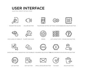 set of 20 line icons such as rounded delete button with minus, two chat bubbles, check box with cursor, list layout with check boxes, cross, floppy disk save button, eye close up visibility button,