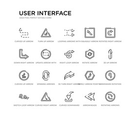 set of 20 line icons such as 3d turn right arrow, spinning arrows, curved up arrow, rotate arrow, right loop update with broken line, down right squiggly looping arrows with broken line, turn up