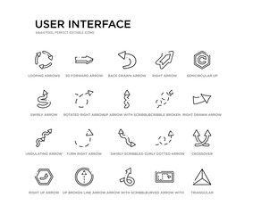 set of 20 line icons such as swirly scribbled arrow, turn right arrow with broken line, undulating arrow, scribble broken line, up with scribble, rotated right with broken swirly right back drawn 3d