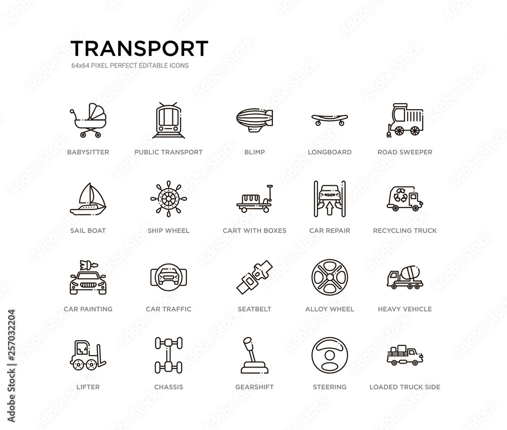 Wall mural set of 20 line icons such as seatbelt, car traffic, car painting, car repair, cart with boxes, ship wheel, sail boat, longboard, blimp, public transport. transport outline thin icons collection.