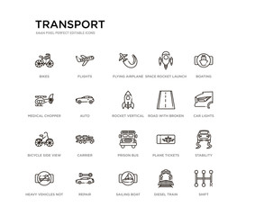 set of 20 line icons such as prison bus, carrier, bicycle side view, road with broken lines, rocket vertical position, auto, medical chopper transport, space rocket launch, flying airplane, flights.