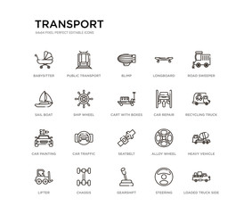 set of 20 line icons such as seatbelt, car traffic, car painting, car repair, cart with boxes, ship wheel, sail boat, longboard, blimp, public transport. transport outline thin icons collection.