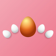 Happy easter greeting card with colorful golden egg and white eggs isolated on pink background. Vector Happy easter creative concept illustration