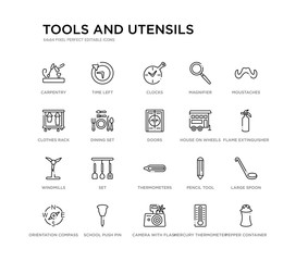 set of 20 line icons such as thermometers, set, windmills, house on wheels, doors, dining set, clothes rack, magnifier, clocks, time left. tools and utensils outline thin icons collection. editable