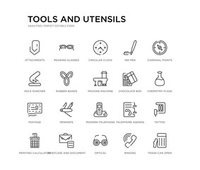 set of 20 line icons such as modern telephone, penknife, postage, chocolate box, packing machine, rubber bands, hole puncher, ink pen, circular clock, reading glasses. tools and utensils outline