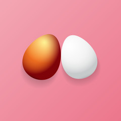 Happy easter greeting card with colorful golden egg and white eggs isolated on pink background. Vector Happy easter creative concept illustration