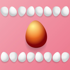 Happy easter greeting card with colorful golden egg and white eggs isolated on pink background. Vector Happy easter creative concept illustration