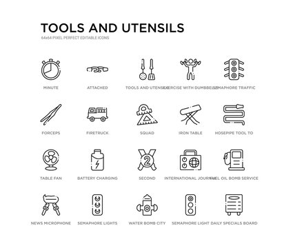 set of 20 line icons such as second, battery charging, table fan, iron table, squad, firetruck, forceps, exercise with dumbbells, tools and utensils, attached. tools and utensils outline thin icons