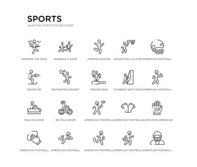 set of 20 line icons such as american football player catching the ball, bicycle rider, man in canoe, climbing with rope, fishing man, badminton racket and feather, water ski, basketball player