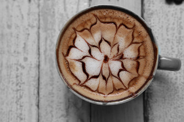 Fototapeta na wymiar Latte coffee beautiful pattern on black & white background