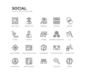 set of 20 line icons such as transgender, postcard with stamp, social normal, network conecction, letters, avatars, stamps, buttons, homeless, mexican man. social outline thin icons collection.