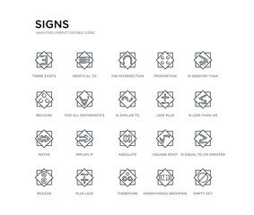 set of 20 line icons such as absolute, implies if, maths, less plus, is similar to, for all mathematics, because, proportion, the intersection of, identical to. signs outline thin icons collection.