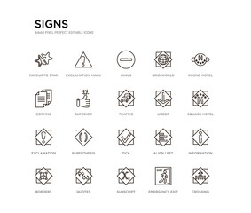 set of 20 line icons such as tick, parenthesis, exclamation, under, traffic, superior, copying, grid world, minus, exclamation mark. signs outline thin icons collection. editable 64x64 stroke