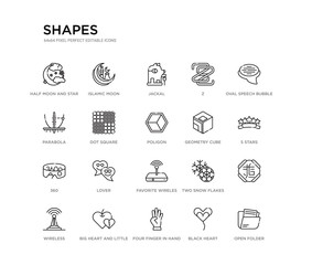set of 20 line icons such as favorite wireles conecction, lover, 360, geometry cube, poligon, dot square, parabola, z, jackal, islamic moon. shapes outline thin icons collection. editable 64x64