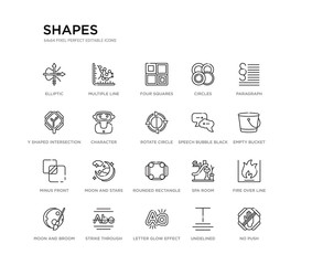 set of 20 line icons such as rounded rectangle, moon and stars, minus front, speech bubble black, rotate circle, character, y shaped intersection, circles, four squares, multiple line. shapes