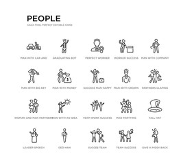 set of 20 line icons such as team work success, man with an idea, woman and man partners, man with crown, success happy, with money, big key, worker success, perfect worker, graduating boy. people