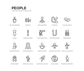 set of 20 line icons such as baby pacifier, woman profile, breastfeeding, electromagnet, movie director, cinema award, torso, complex, chef uniform, parents. people outline thin icons collection.