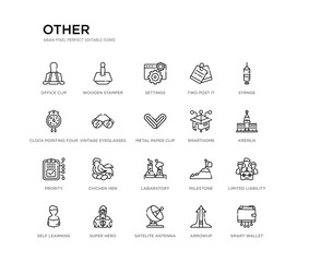 set of 20 line icons such as labaratory, chichen hen, prority, smarthome, metal paper clip, vintage eyeglasses, clock pointing four o'clock, two post it, settings, wooden stamper. other outline thin