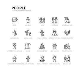 Fototapeta na wymiar set of 20 line icons such as crossing street, menhir, with safety headphone, worker with gas mask, image shadow, social care, businessmen, managers, boys, bachelor. people outline thin icons