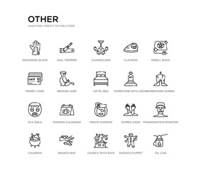 set of 20 line icons such as pirate pumpkin, pumpkin calendar, sca smile, tombstone with cross, hotel bed, broken vase, money card, flatiron, chandeliers, nail trimmer. other outline thin icons