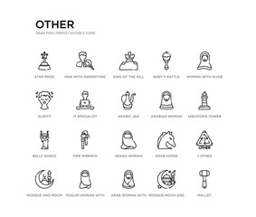 set of 20 line icons such as araba woman, pipe wrench, belly dance, arabian woman, arabic jar, it specialist, sleepy, baby's rattle, king of the hill, man with magnifying flass. other outline thin