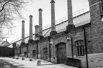 black and white factory building in stockholm sweden