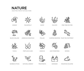 set of 20 line icons such as hibiscus, fertilize clinic, yucca, camping bonfire, pollen, american mountain ash, black willow, falcate, ovate, palmatelly. nature outline thin icons collection.