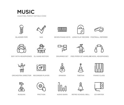 set of 20 line icons such as spanish, recorder player, orchestra director, pied piper of hamelin, drummer set, dj hand motion, boy with headphones, long play record cover, seven piano keys, sax.