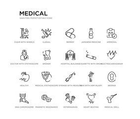 set of 20 line icons such as syringe with measure marks, medical stethoscope, healthy, cigarette with smoke, hospital building, smoker, doctor with stethoscope, japanese medicine bottle, remedy,