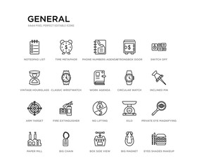 set of 20 line icons such as no lifting, fire extinguisher, arm target, circular watch, work agenda, classic wristwatch, vintage hourglass, strongbox door, phone numbers agenda, time metaphor.