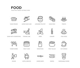 set of 20 line icons such as smoothies, fruit cake, honeycombs, canape, herb, fishing line, sushi with chopsticks from japan, sushi dish, japanese tea pot, japan sushi and chopsticks. food outline