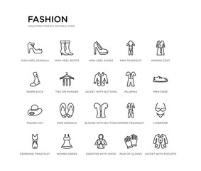 set of 20 line icons such as blouse with buttons, pair sandals, round hat, pajamas, jacket with buttons, ties on hanger, warm sock, men tracksuit, high heel shoes, high heel boots. fashion outline