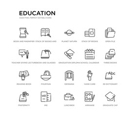 set of 20 line icons such as swinging, fountain, reading book, school calendar, graduation diploma, book and glasses, teacher giving lecture, stack of books, planet saturn, stack of books and