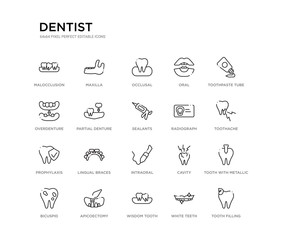 set of 20 line icons such as intraoral, lingual braces, prophylaxis, radiograph, sealants, partial denture, overdenture, oral, occlusal, maxilla. dentist outline thin icons collection. editable