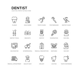 set of 20 line icons such as medical prescription, interproximal, ekg monitor, examination, dentist, brackets, dentist tools, toothbrushes, tooth pliers, male nurse. dentist outline thin icons