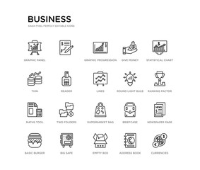 set of 20 line icons such as supermarket bag, two folders, maths tool, round light bulb, lines, reader, thin, give money, graphic progression,  . business outline thin icons collection. editable