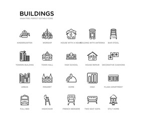 set of 20 line icons such as dome, minaret, urban, house repair, high school, town hall, towers building transmission, building with antenna, house with a heart, worship. buildings outline thin
