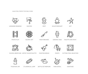 set of 20 line icons such as painting brush, artist color palette, school briefcase, ceramic vase, paint brushes, islamic art, photo film, sculpture bust, spot, painted. art outline thin icons