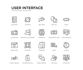 set of 20 line icons such as compress, enlarge, error page, favorites button, forbbiden, horizontal alignment, lowercase, new file, next page, retweet. user interface outline thin icons collection.