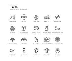 set of 20 line icons such as rocket toy, blocks toy, spinning top toy, teddy bear dump truck mr potato boat piano troll ball toys outline thin icons collection. editable 64x64 stroke