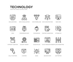 set of 20 line icons such as color value, colory theory, content curation, content marketing, conversion, conversion rate optimization, css3, data architecture, data modelling, data visualization.