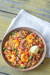 Bowl of chicken and chorizo paella
