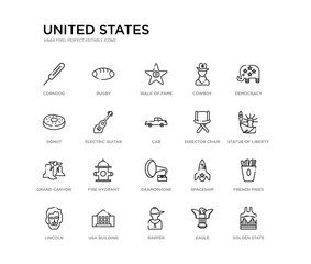 set of 20 line icons such as gramophone, fire hydrant, grand canyon, director chair, cab, electric guitar, donut, cowboy, walk of fame, rugby. united states outline thin icons collection. editable