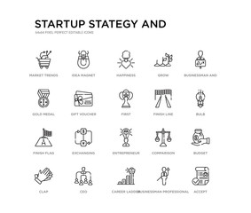 Fototapeta premium set of 20 line icons such as entrepreneur, exchanging, finish flag, finish line, first, gift voucher, gold medal, grow, happiness, idea magnet. startup stategy and outline thin icons collection.