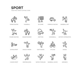set of 20 line icons such as dart board, discus throw, diving sport, dodgeball, drifting, equestrianism, figure skating, formula racing, go game, handball. sport outline thin icons collection.