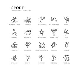 set of 20 line icons such as mixed martial arts, paragliding, polo sport, powerlifting, racewalking, rallycross, rinkball, sailboat sport, shuttlecock, snooker. sport outline thin icons collection.